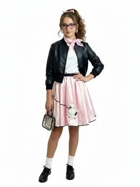 Vintage 1950s Style Pink Satin Poodle Skirt Sock Hop Costume Girls Large